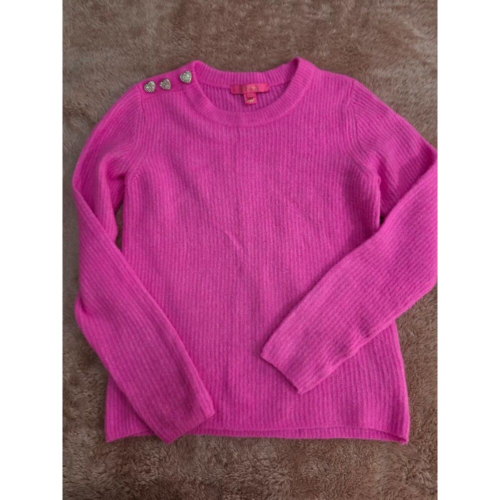Lilly Pulitzer Women's Pink Knit Pullover Sweater Rhinestone Heart Crew XS